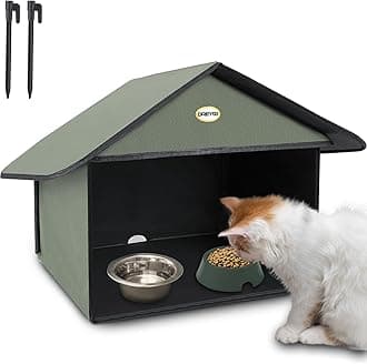 Dreyoo Cat Houses & Condos Outdoor Cat Feeding Station for Food & Water, Weatherproof Outdoor Kitty Dining Room Cats Shelter for Stray, Feral and Community Cats, 13”d x 17”w x 15.5'h(Dark Green)