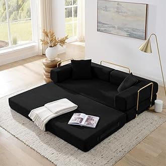 4-in-1 Folding Convertible Sofa Bed, 78 Inch Boneless Couch with Fixed-Shape Frame, Corduroy Loveseat Sleeper with Pull Out Bed, Floor Sofa Modular Futon Couch for Living Room Bedroom Lounge (Black)