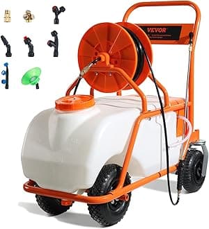 - Battery Powered 15 Gallon Garden Weed Sprayer with Wheeled Cart, 126FT Hose with Reel, 8 Nozzles, 2 Wands with Lock Trigger, 0-90PSI, 5-6h Spray Time, Wide Mouth Lid, Rotating Wheels with Brake