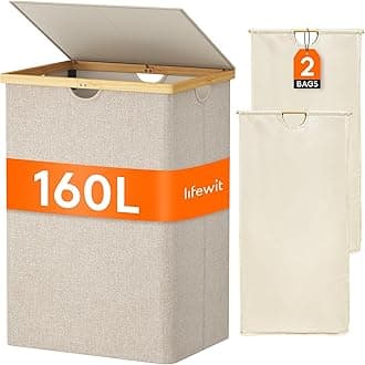 LifewitExtra Large Bamboo Laundry Hamper with Lid, 160L Capacity, 2 Section Laundry Bin Organizer, Beige