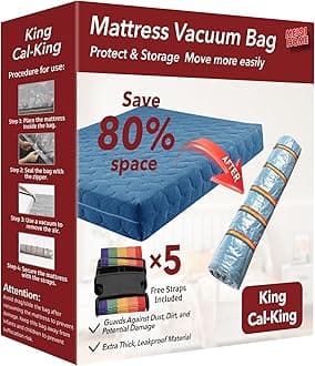 MEIQIHOME King/Cal-King Mattress Vacuum Bag, PA+PE Material, Heavy Duty, 94.5" x 98.4", 80% Compression, Double-Zip Seal, 5 Straps, Ideal for Moving & Storage