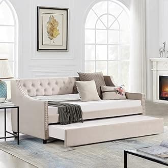 Daybed with Trundle, Upholstered Velvet Day Bed Frame with Tufted Button, Modern Furniture Sofa Bed for Living Room, Bedroom, Guest Room, Dorm, No Box Spring Needed, Beige Full Size