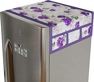 Kuber Industries Fridge Top Cover | PVC Fridge Top Cover | Purple Flower Fridge Top Cover | Refrigerator Cover with 6 Side Pockets | Refrigerator Top Protector | Appliance Cover | White