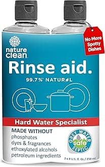 Nature Clean Dishwasher Rinse Aid Liquid, Non Toxic Natural Formula, Spot Free Shine for Glasses & Dishes, Hard Water Stain Remover, Dishwasher Drying Agent, 8 oz/250 ml Pack of 2