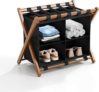 Bamboo Luggage Rack with 4 Storage Compartments, Foldable Suitcase Stand for Guest Room, 150lbs Capacity, Sturdy, Space-Saving and Easy to Assemble Organizer