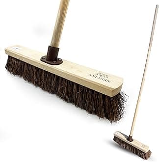 18" Garden Broom with Durable Support Bracket - Yard Brush, Heavy Duty with 120 cm Wooden Handle, Natural Stiff Bassine Hard Bristle Broom for Outdoor Sweeping