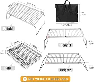 REDCAMP Folding Campfire Grill 304 Stainless Steel Grate, Adjustable Height Portable Camping Grill with Carrying Bag for Outdoor Cooking BBQ