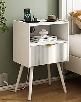 White Nightstand with Outlet,Modern Bedside Table with Storage Drawer and Open Wood Shelf, for Living Room, Bedroom and Small Spaces, Accent Night Stand with Solid Wood Legs, Easy Assembly