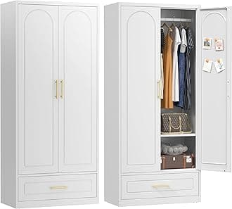 71" Tall Metal Clothes Storage Cabinet, Wardrobe with Drawer and Hanging Rod, Armoire with Hanging Rod and Adjustable Shelves, Storage Cabinet for Bedroom, Laundry Room, White