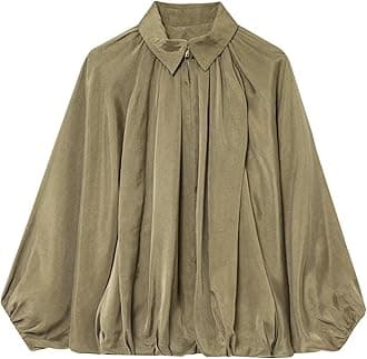 FindThy Women’s Puffed Bomber Jacket Trendy Lapel Collar Long Batwing Sleeve Front Zip Oversized Shirts