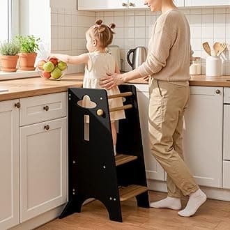 COSYLAND Toddler Standing Tower Adjustable Height (NO Wide Back Panel) - Super Stable Toddler Kitchen Stool Helper - 3 Levels Adjustable Wooden Kids Kitchen Stool (Natural & White)