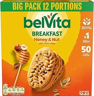 Belvita Breakfast Biscuits Honey & Nuts With Choc Chips, Nutritious Bars With Honey & Chocolate Chips, Multipack of 12 x 45 g Biscuits (Pack of 1)