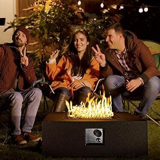 COSIEST Outdoor Propane Fire Pit Coffee Table w Square Faux Stone 35-inch Base, Certified, 50,000 BTU Stainless Steel Burner, Free Lava Rocks and Rain Cover,Tank Cover, Stone Bronze