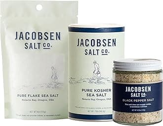 Jacobsen Salt Co. Variety Pack - Coarse, Non-Iodized Made in USA, Non-GMO, Steak Seasoning, Gourmet, Real Salt Flakes - Pure Kosher, Flake & Black Pepper Sea Salt (Pack of 3)