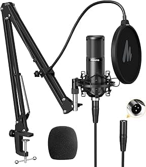 - XLR Condenser Microphone, Professional Cardioid Studio Mic with Boom Arm, Pop Filter, Compatible with Audio Interface and Mixer for Streaming, Podcasting, Vocal Recording, Music, PM320S