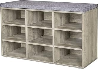 DINZI LVJ Shoe Bench, 9 Cubbies Shoe Organizer for Entryway, Storage Bench with Cushion, Cubby Shoe Rack with Adjustable Shelves for Living Room, Bedroom, Mudroom, Hallway, Gray Wash
