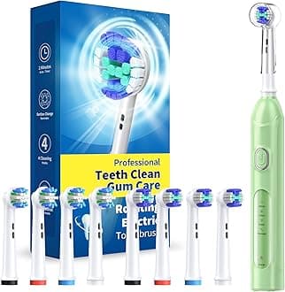 TEETHEORY Rotating Electric Toothbrush for Adults with 8 Brush Heads (2 Types), 4 Modes Deep Clean Electric Toothbrush with Rechargeable Power and 2 Min Smart Timer Green