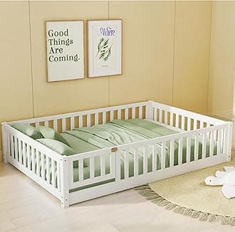 Full Size Floor Bed with Door and Fence for Kids, Montessori Floor Bed with Slats and Safety Guardrails,Solid Wood Full Bed Frame for Girls Boys(Full,White)