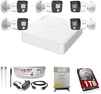 HIKVISION Full HD 8 Channel DVR with 2 MP 5 Outdoor Cameras [COLOR NIGHT VISION + BUILT-IN AUDIO MIC + SMART DUAL LIGHT + MOTION DETECTION] + 1 TB HDD + 8 Ch SMPS, USEWELL CCTV Cable+BNC/DC Set, WHITE