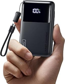 INIU Small Portable Charger, 45W PD Fast Charging 10000mAh Power Bank, Battery Pack with Attached USB C Cable, Travel Essentials Powerbank for iPhone 17 16 15 14 Pro Air, Xiaomi, Samsung S25 S24 etc