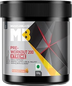 MuscleBlaze Pre Workout 200 Xtreme (Fruit Punch, 15 Servings, 100g) | 200mg Caffeine, 200mg Theanine, 2000mg Beta Alanine, 3000mg Citrulline, Powder