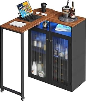Home Bar Unit with Charging Station & Lights & Storage Mini Corner Bar Table with Wine Rack & Glass Holder 360° Rotating Tall Liquor Table for Living Room Apartment Office, Black
