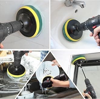 GOH DODD Power Scrub Pads Drill Attachment, 30 Pieces 5 Inch Cleaning Kit Scouring Pads with Baker and Universal Shaft Great for Kitchen, Bathroom, Auto, Grout, Carpet, Shower, Tub, Grill,Tile