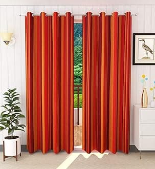 RANGBHAR Handloom Cotton Curtain for Windows with Eyelets, Striped, Red, 4 X 5 Ft, Pack of 2, Suitable for Living Room, Bedroom, Home Decoration