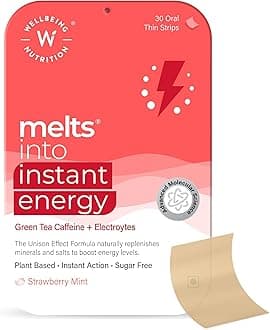 Wellbeing Nutrition Melts Instant Energy, 100% Plant Based Green Tea Caffeine, Essential Electrolytes and Vitamins for Endurance, Sports Hydration, Pre Workout Energy Boost, 30 Oral Strips