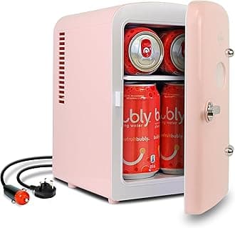 Koolatron Retro Mini Fridge For Bedrooms 12V Portable Cooler Refrigerator 4L Small 6 Can Table Top Quiet Mini Fridges For Skincare Food Drinks Kids Home Car & Travel Pink