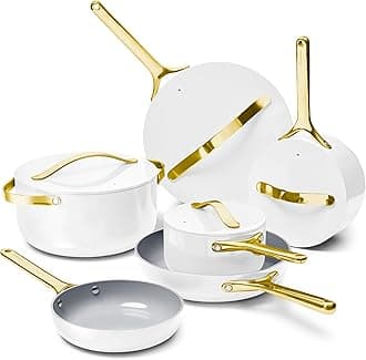Caraway Deluxe Nonstick Ceramic Cookware Set (16 Piece) Pots, Frying Pans, Lids and Kitchen Storage - PFAS & PFOA Free - Oven Safe Ceramic Pan Set & Compatible with All Stovetops - White