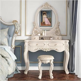 Makeup Vanity Set with Mirror & Cushioned Stool, Vintage Dressing Table with 4 Drawers, European Style Vanity Desk for Bedroom (Color : White+Gold, Size : 100x47x162cm)