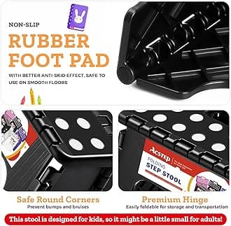 ACSTEP Folding Step Stool Foldable Stool 7.5 Inch Height Kids Step Stool, 300 lb Capacity Plastic Collapsible Stool, Stepping Stool with Handle Black Small Step Stool, Foot Stool Suitable for Kitchen