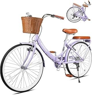 26 Inch Folding Beach Cruiser Bike for Women, 7-Speed Ladies Bike with Basket & Rack (Purple)