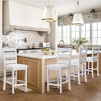 COLAMY Modern Counter Height Bar Stools, Wooden Bar Stools Set of 4, 25 Inch Upholstered Fabric Barstools with Backs and Wooden Legs for Kitchen Island Dining Room Bar Shop, White Wash