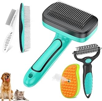 5 PCS Self Cleaning Slicker Brush & Undercoat Rake & Bath Brush & Flea Comb & Pet Comb & Steam Brush for Dogs and Cats,Professional Deshedding Dematting Tool for Long and Short Haired Pets