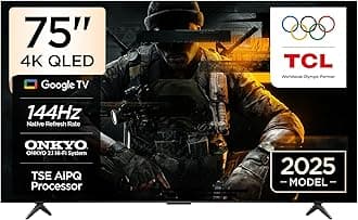 TCL 75T8C Television 75 Inch Smart TV 4K QLED Colorful Quantum Crystal HDR 10+ Gaming Google TV, 144Hz Native Refresh Rate, ONKYO 2.1 Hi-Fi, Dolby Atmos, DTS Virtual X, MEMC, Game Master (2025 Model)