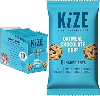 KiZE Energy Bars - Oatmeal Chocolate Chip - Gluten Free, Dairy Free, Non-GMO, and High Protein Meal Replacement Energy Bars, Clean and Simple Food Ingredients - 7g High Protein Snacks, (10 Count)