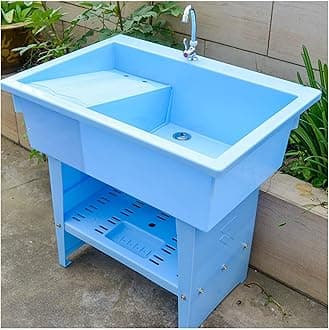 Freestanding Sink, Portable Hand Washing Station, Outdoor Sink, Plastic Sink, With Hot And Cold Faucet， Freestanding Plastic Laundry Sink With Washboard, For Garage, Basement, Garden ( Color : Blue ,