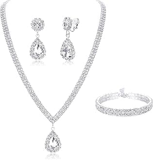 FIBO STEEL Clip on Wedding Jewelry for Bride Bridesmaid Clip Teardrop Pendant Earrings Crystal Rhinestone Tennis Necklace Bracelets Jewelry Set for Women Party Wedding Prom