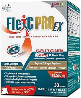 LABO Nutrition FlexC PRO EX with Peptan Type I, II & III Collagen Peptide, Organic Water Soluble Silica and Curcumin C3 Reduct, for Joint, Bones, Muscles, Nails, Skin Health, Unflavored, No Additives