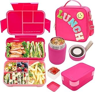 Bento Lunch Box Set for Kids with 10oz Thermo Food Jar, Leak-Proof Lunch Containers with 6 Compartment, Nylon Preppy Lunch Bag with Adjustable Strap for Girls School Travel Picnic