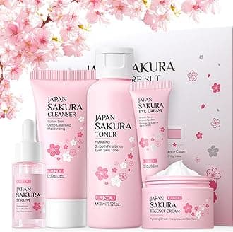 5Pcs Skin Care Set Sakura Women Beauty Gift Sets Korean Skin Care Kit with Cleanser, Face Serum, Face Cream,Toner,Eye Cream, Mud Mask - Skin Care Routine Kit for Women (Sakura)