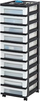 IRIS USA Plastic Drawer Storage Organizer Rolling Cart, with Wheels Casters, 10-Drawers, for Classroom Art Craft Supplies Dresser Closet Bathroom Laundry Room, Black/Pearl