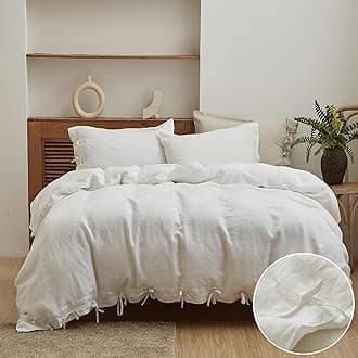 Simple&Opulence 100% Linen Duvet Cover Set 3pcs with Bowknot Ties Closure Natural French Washed Flax Solid Color Soft Breathable Farmhouse Bedding - White, King Size