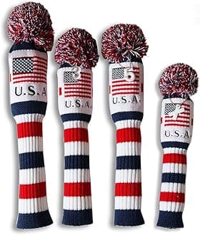 Craftsman Golf US Flag Knit Pom Pom White Blue Red Driver,Fairway Wood, Hybrid Head Cover Headcover for Callaway Mizuno Cobra Taylormade