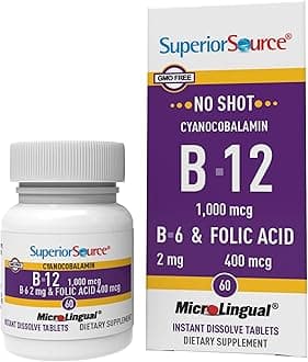 Superior Source No Shot Vitamin B-12 Cyanocobalamin 1000 mcg, B-6, Folic Acid 400 mcg - Support Brain & Heart Health - Aids Natural Energy Levels - 60 Sublingual Dissolving Tablets