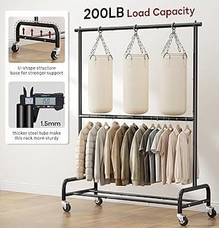 SLEEPING LAMB Double Rod Heavy Duty Clothes Racks for Hanging Clothes Rack, Metal Rolling Garment Rack With Wheels Clothes Hanger Rack Wardrobe Rack for Coats, Shirts (Black)
