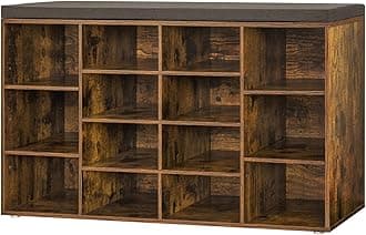 DINZI LVJ Shoe Storage Bench with Cushion, 14-Cubby Shoe Rack, Adjustable Shelves, Multifunctional Shoe Organizer Bench for Entryway, Mudroom, Hallway, Living Room, Bedroom and Garage, Rustic Brown
