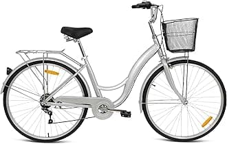 MogooBrooklyn 6 Speed Cruiser Bike, 26 Inch, City-Bike with Gears, Steel Frame, Road-Bike, Comfort Cycle, Unisex Bicycle Adult, Front Basket, Rear Carrier, Classic Commuter Bike